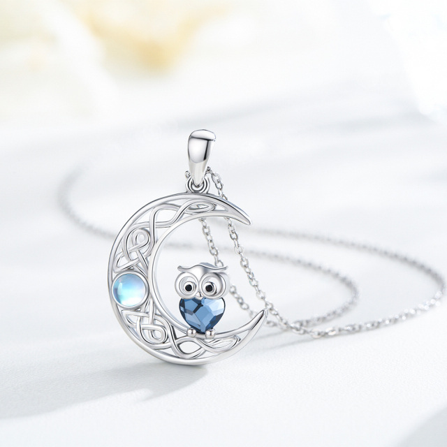 Sterling Silver Cubic Zirconia & Moonstone Owl & Heart & Moon Pendant Necklace-4