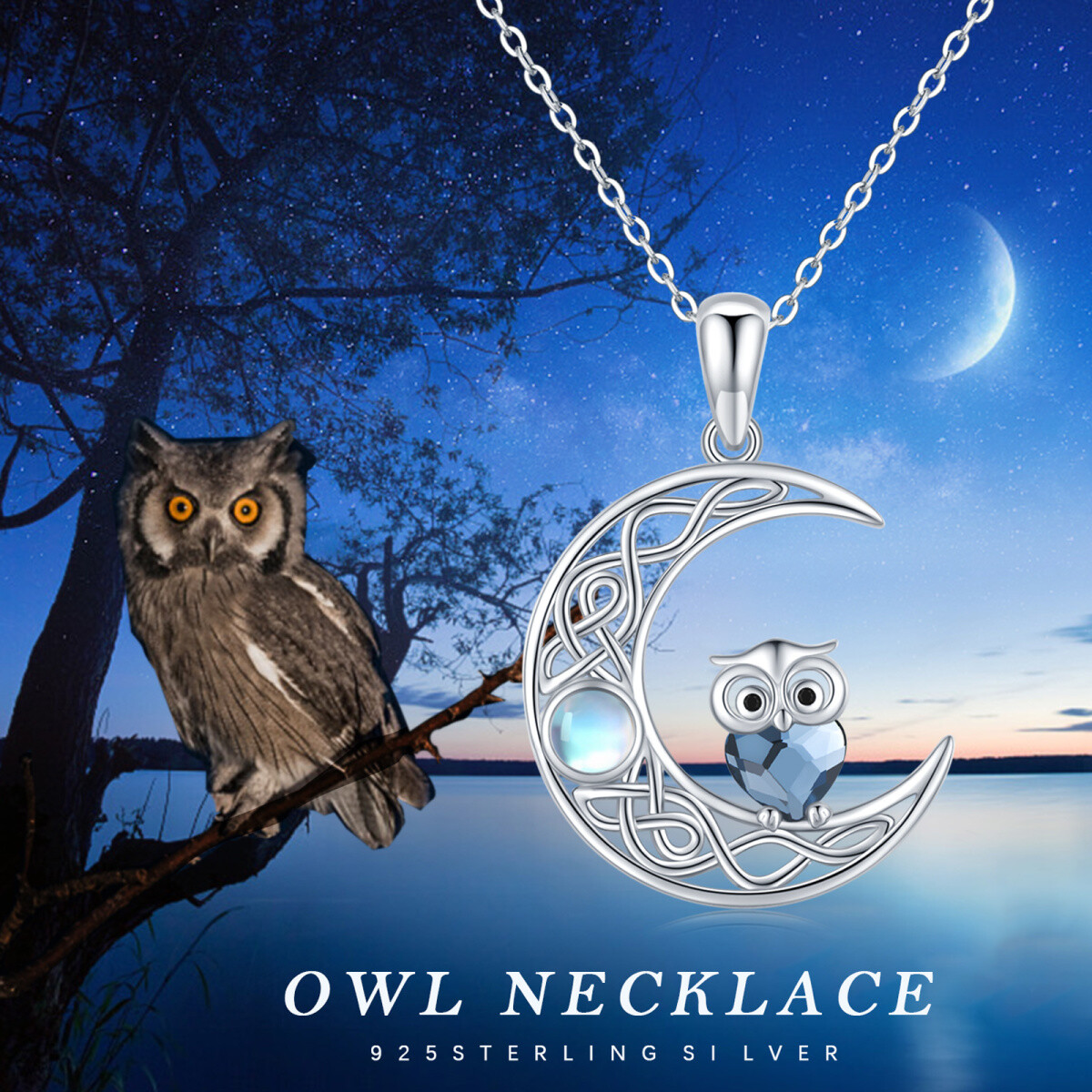 Collier pendentif hibou en argent sterling avec cristal et pierre de lune pour femme meilleur ami-6