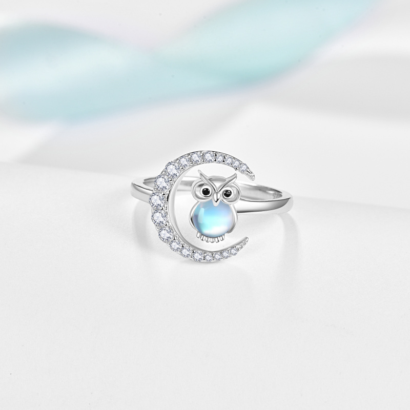 Anel aberto de coruja com pedra da lua em prata esterlina-2