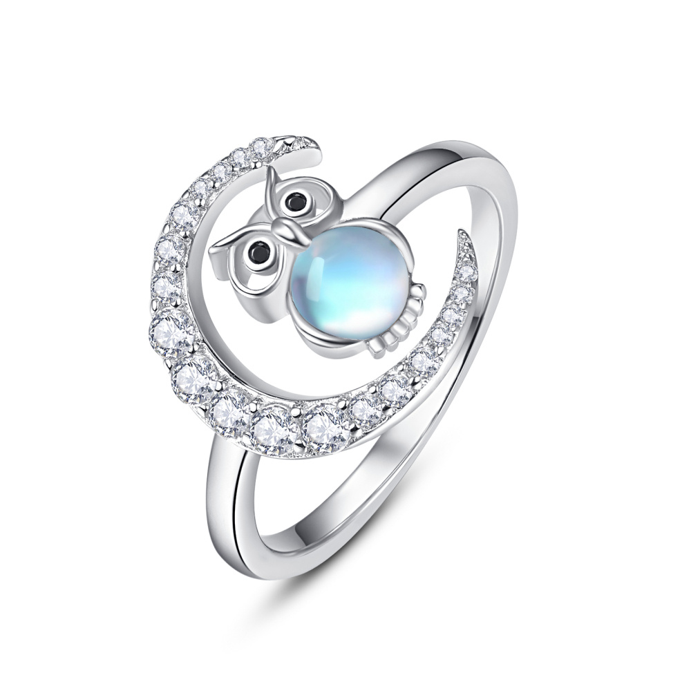 Bague ouverte hibou en pierre de lune en argent sterling-3
