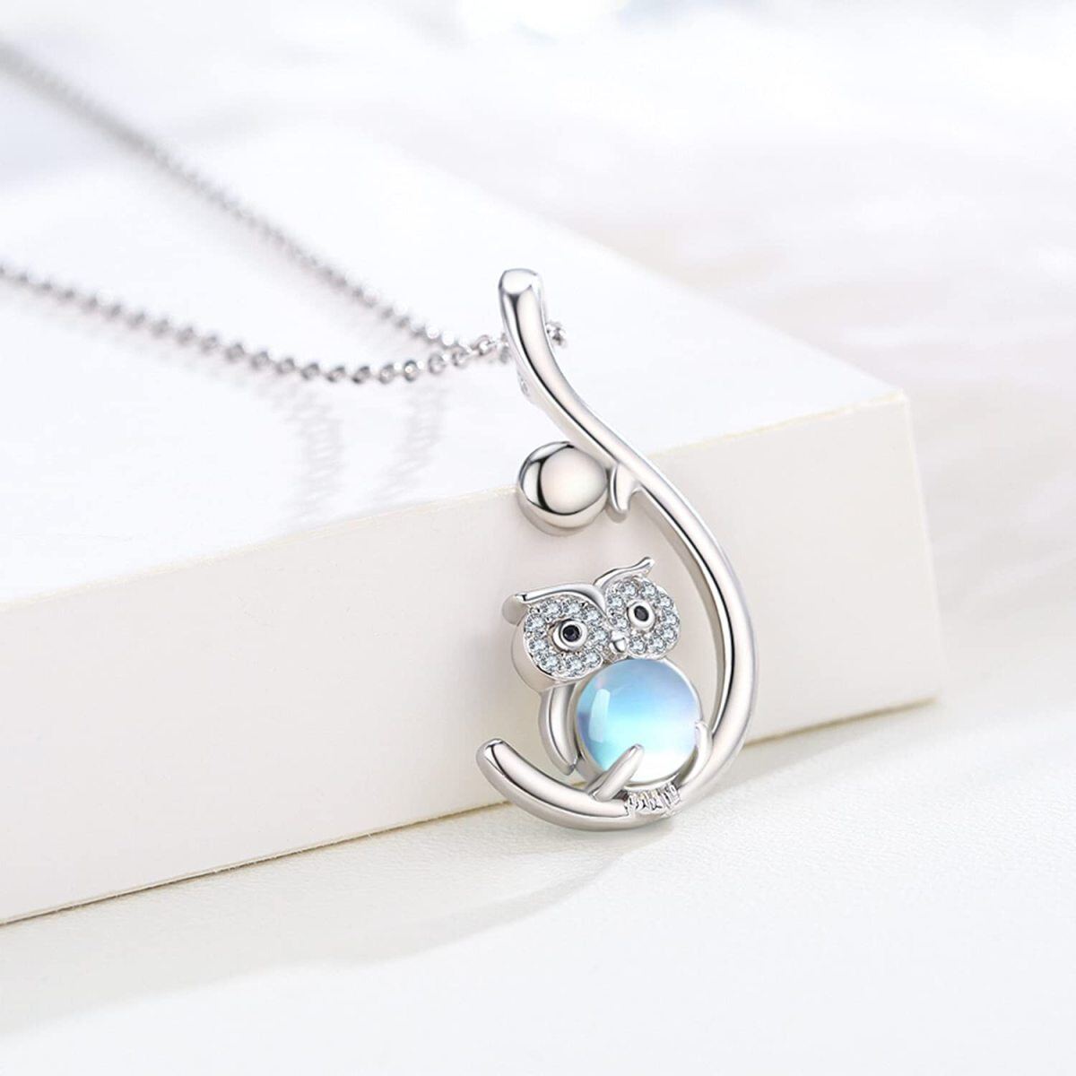 Sterling Silver Moonstone Owl Pendant Necklace-3