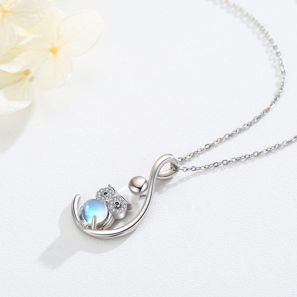 Sterling Silver Moonstone Owl Pendant Necklace-4