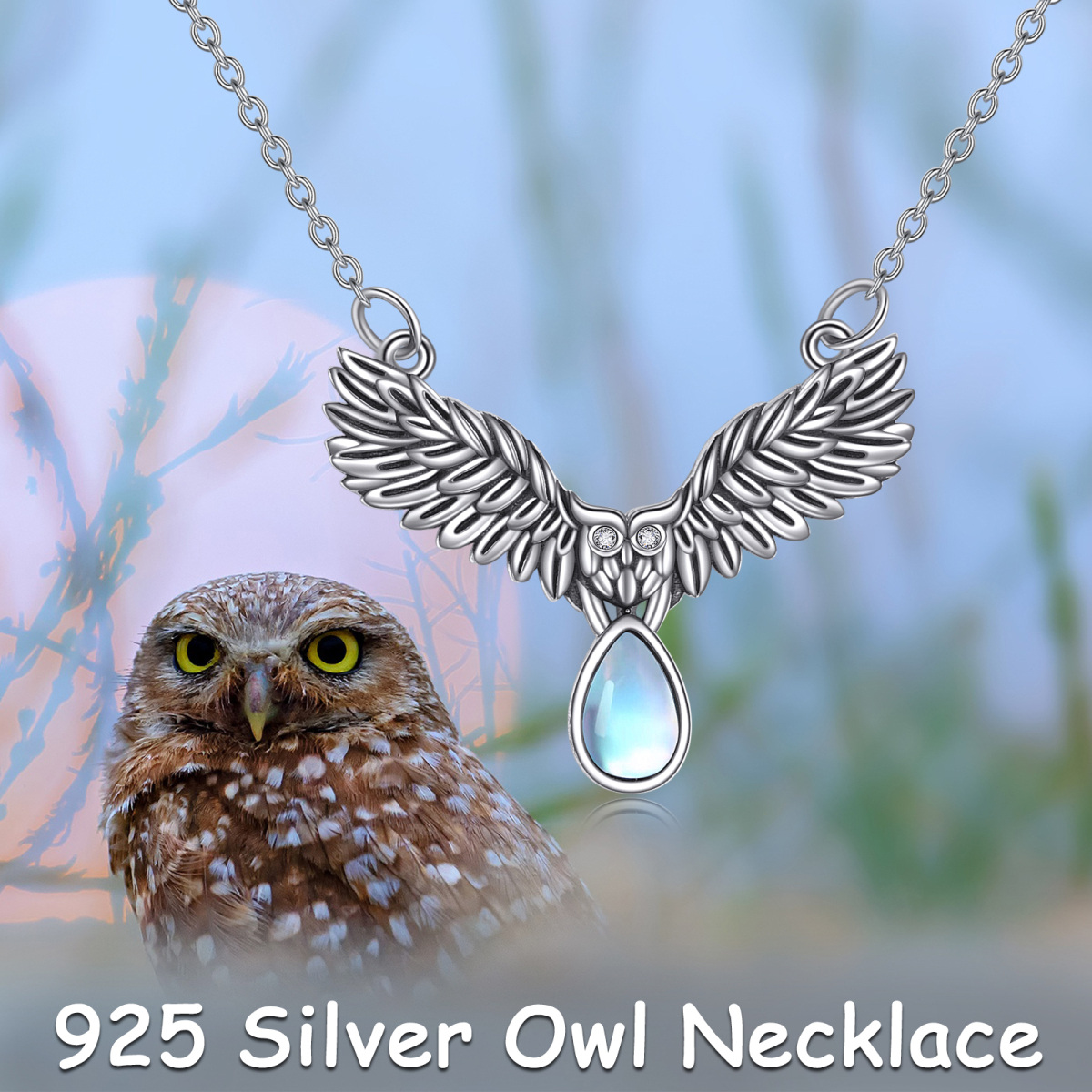 Sterling Silver Moonstone Owl Pendant Necklace-6