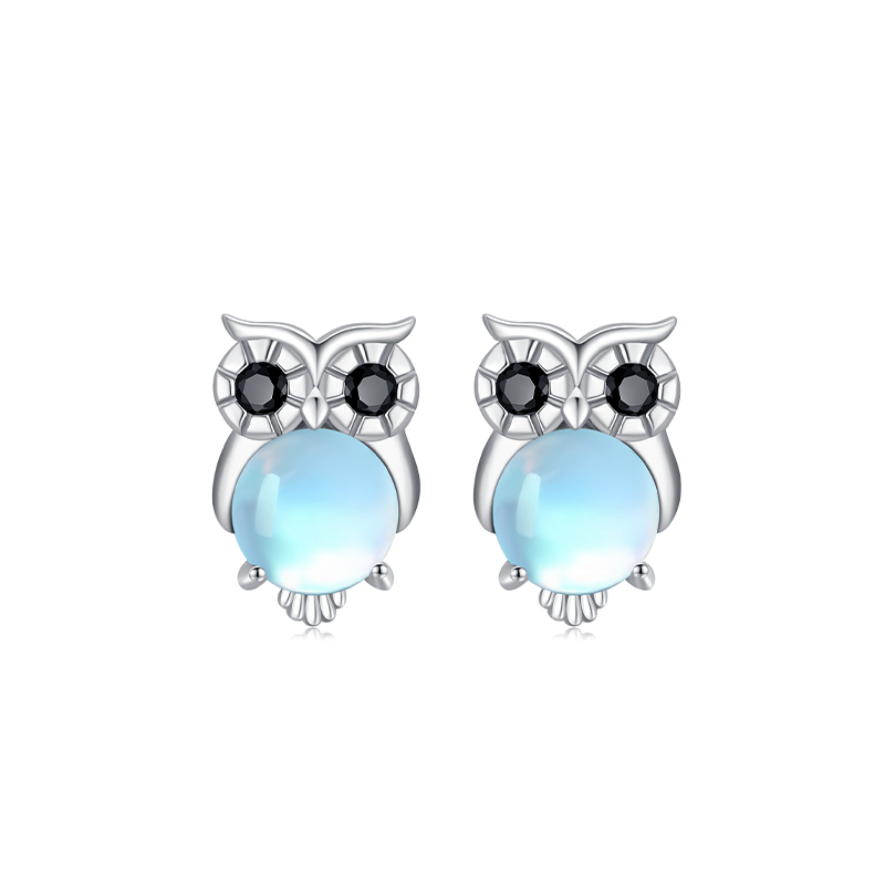 Sterling Silver Moonstone Owl Stud Earrings-1