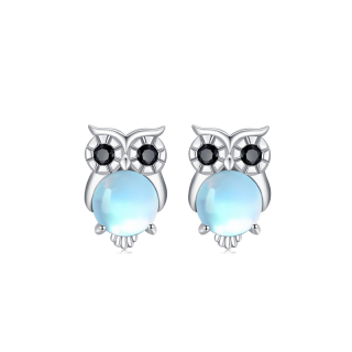 Sterling Silver Moonstone Owl Stud Earrings-5