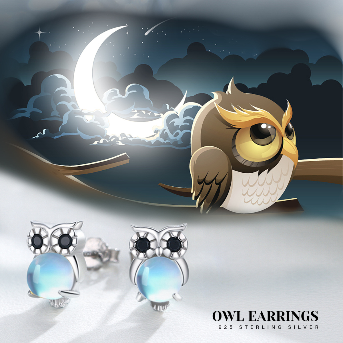 Sterling Silver Moonstone Owl Stud Earrings-4