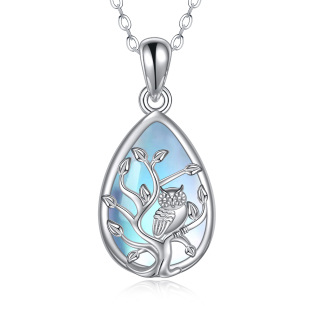 Sterling Silver Moonstone Owl Tree Of Life And Drop Pendant Necklace For Women-3