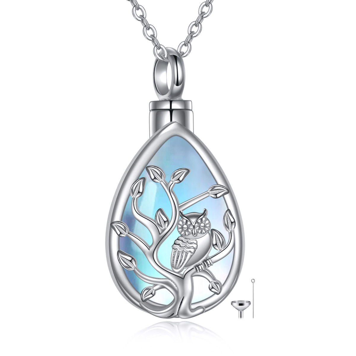 Sterling Silver Drop Moonstone Owl & Tree Of Life Engraved Word Urn Necklace For Ashes-1