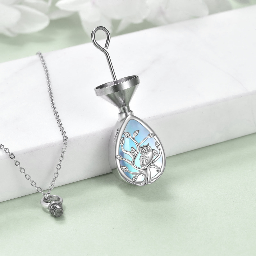 Sterling Silver Drop Moonstone Owl & Tree Of Life Engraved Word Urn Necklace For Ashes-3