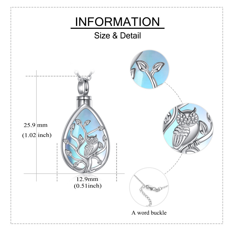 Sterling Silver Drop Maansteen Uil & Levensboom Gegraveerd Woord Urn Ketting voor As-5