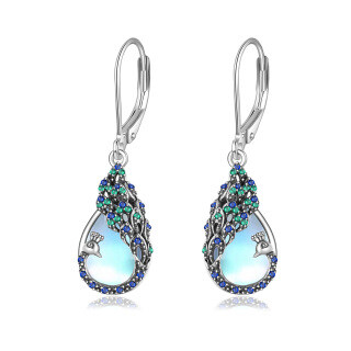 Sterling Silver Moonstone Peacock Drop Earrings-1