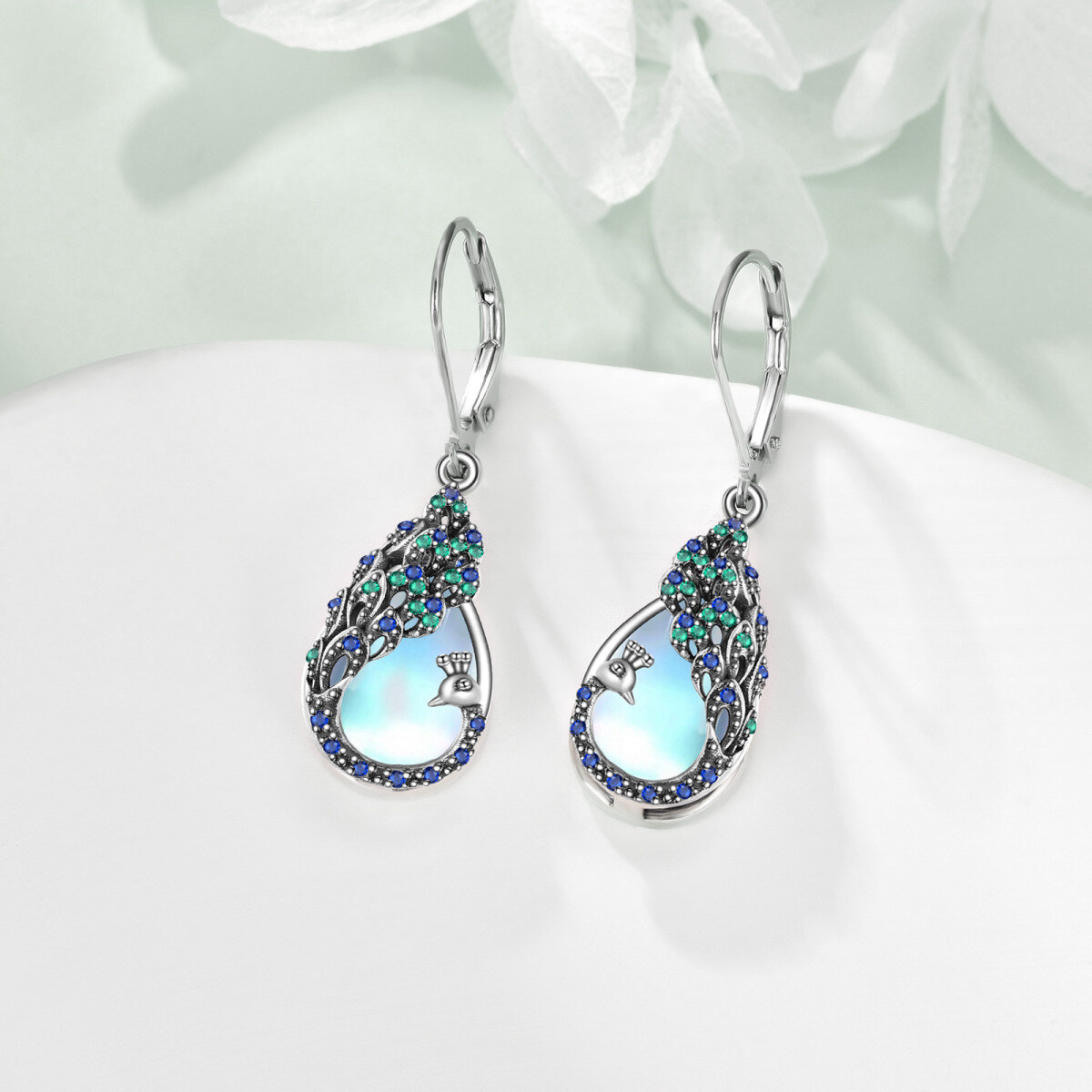 Sterling Silver Moonstone Peacock Drop Earrings-3