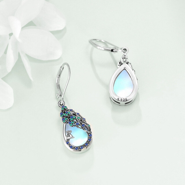 Sterling Silver Moonstone Peacock Drop Earrings-4