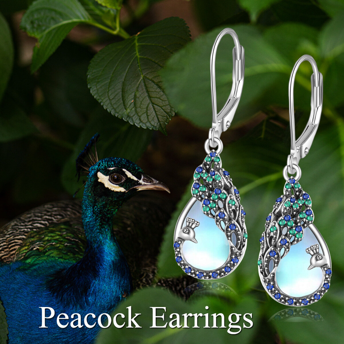 Sterling Silver Moonstone Peacock Drop Earrings-6