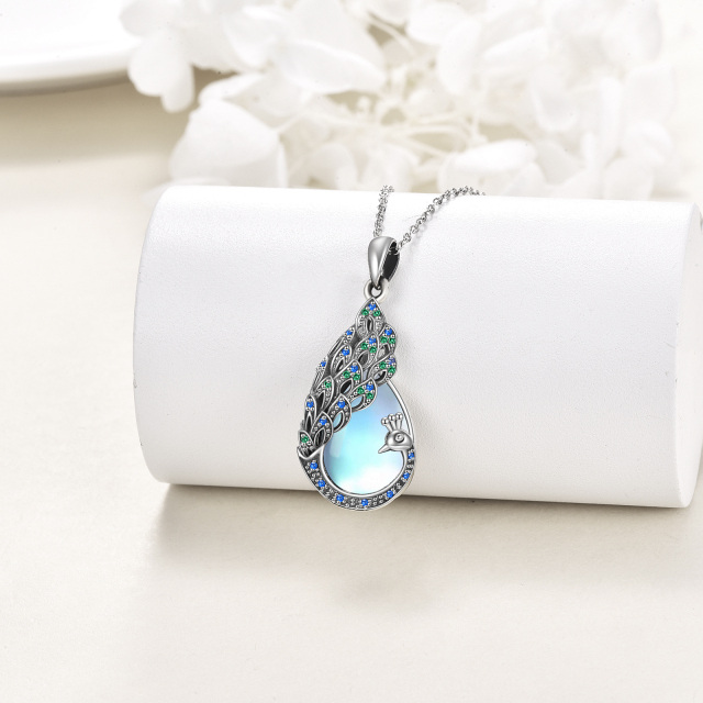 Sterling Silver Moonstone Peacock Pendant Necklace-4