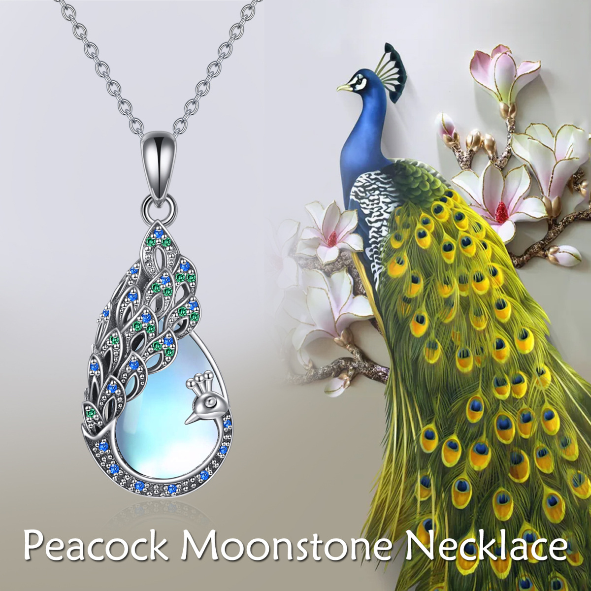 Sterling Silver Moonstone Peacock Pendant Necklace-6