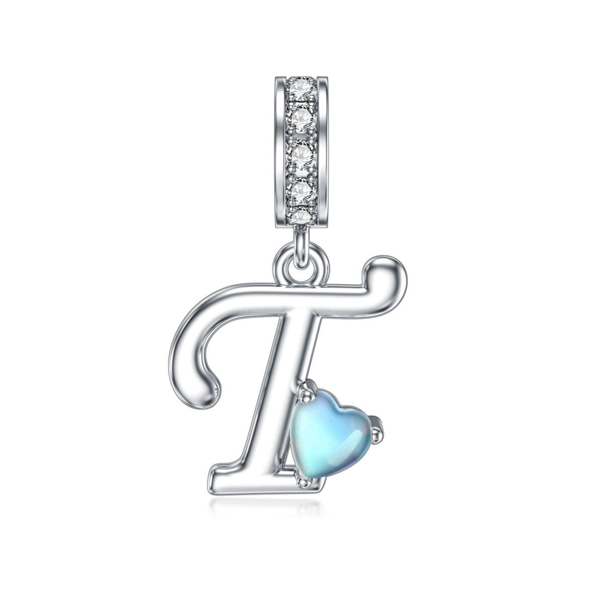 Sterling Silver Cubic Zirconia Moonstone Personalised Initial Letter Dangle Charm With Initial Letter T-1