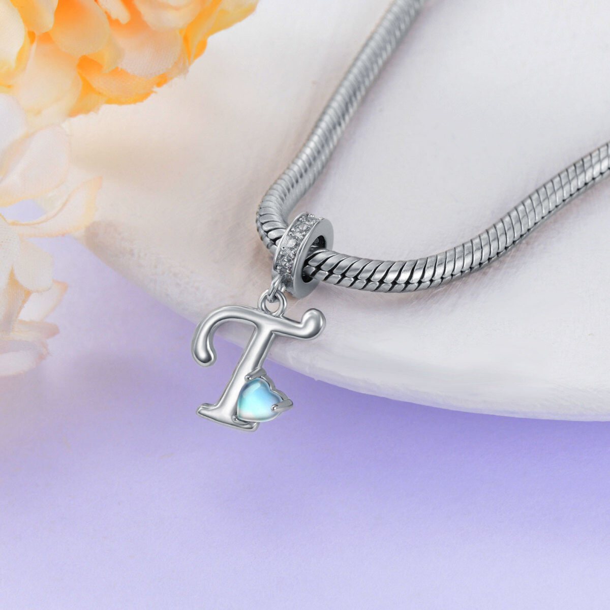 Sterling Silver Cubic Zirconia Moonstone Personalised Initial Letter Dangle Charm With Initial Letter T-3