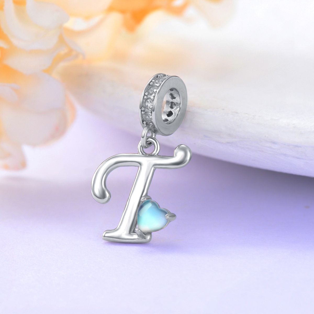 Charm colgante con letra inicial personalizada de piedra lunar y circonita cúbica de plata de ley con letra inicial T-4