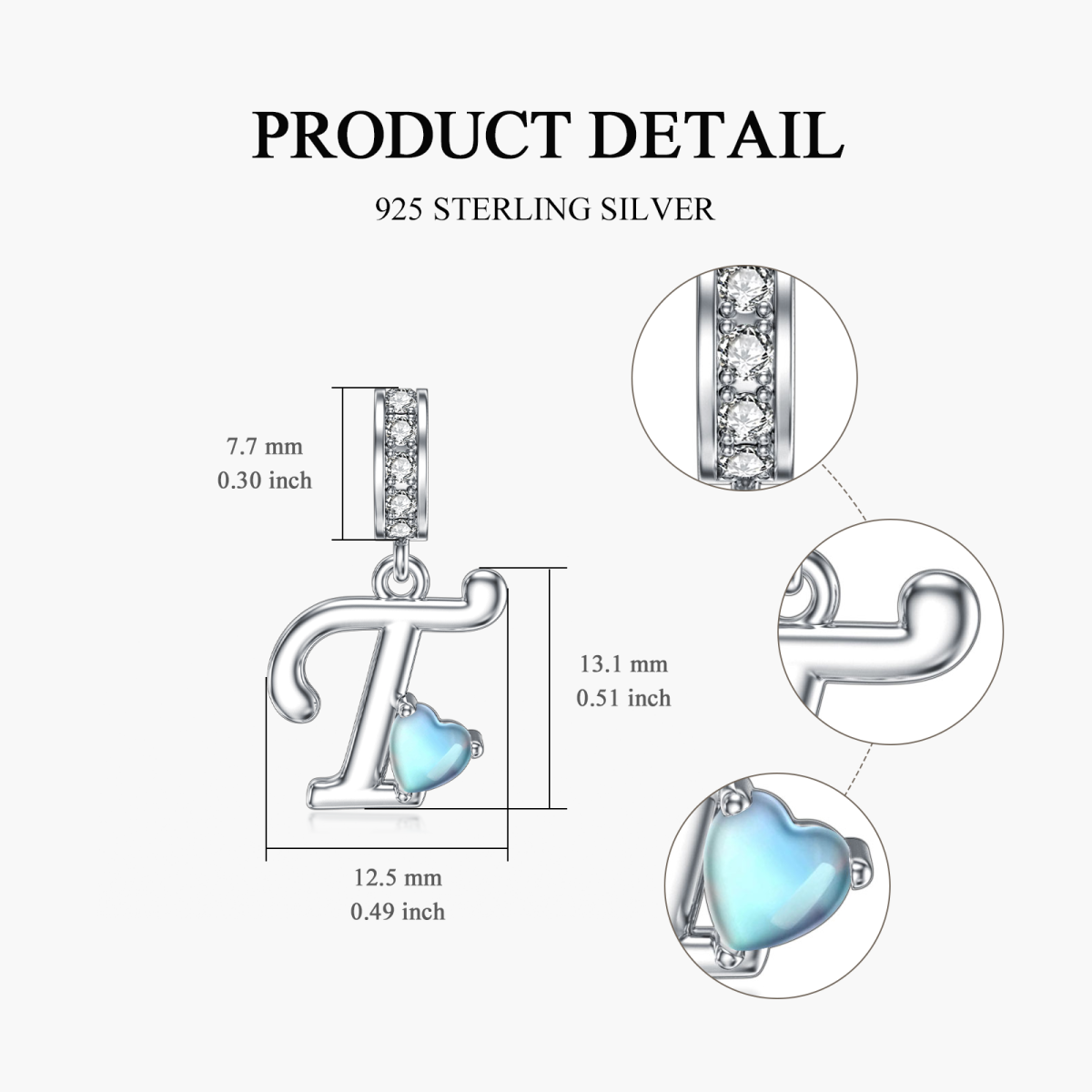 Sterling Silber Zirkonia Mondstein Personalisierter Anfangsbuchstabe Charm Anhänger mit Anfangsbuchstaben T-6