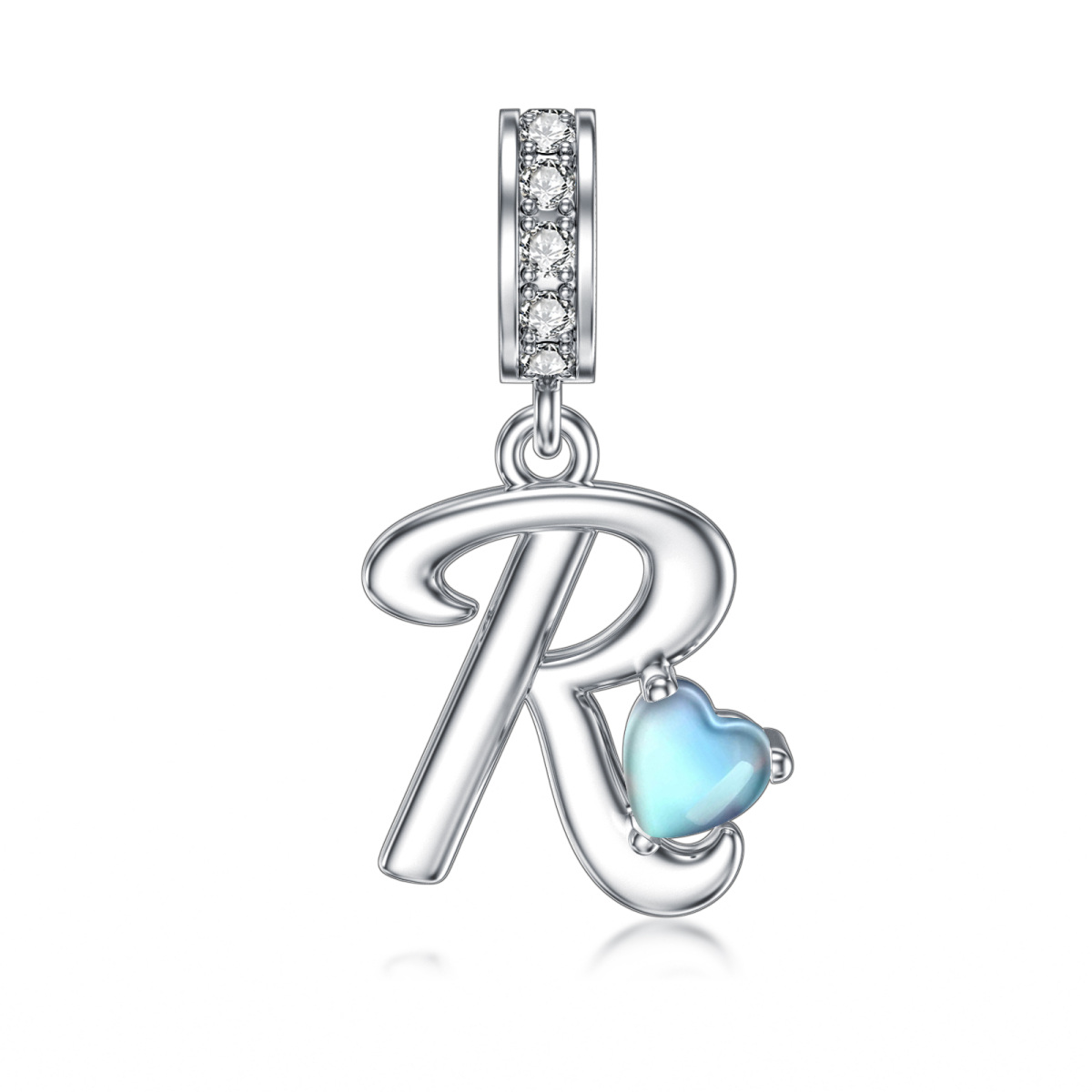 Sterling Silver Cubic Zirconia & Moonstone Personalized Initial Letter Dangle Charm with Initial Letter R-1