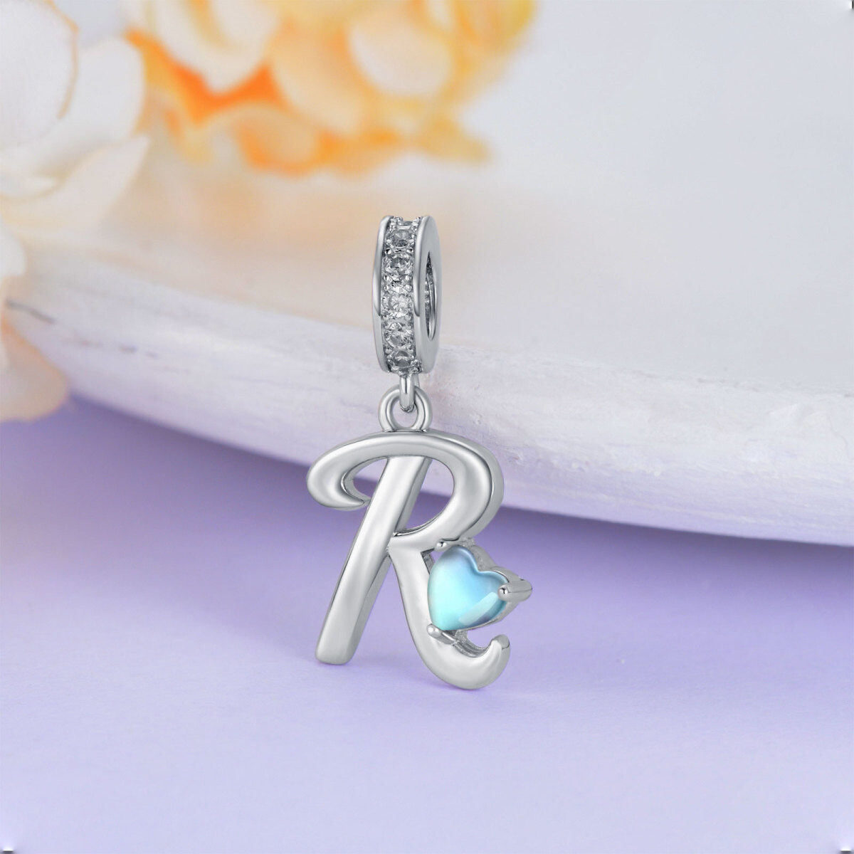 Charm pendentif en argent sterling avec pierre de lune et oxyde de zirconium personnalisé avec lettre initiale R-3