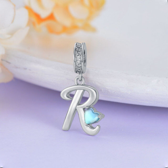 Sterling Silver Cubic Zirconia & Moonstone Personalized Initial Letter Dangle Charm with Initial Letter R-3