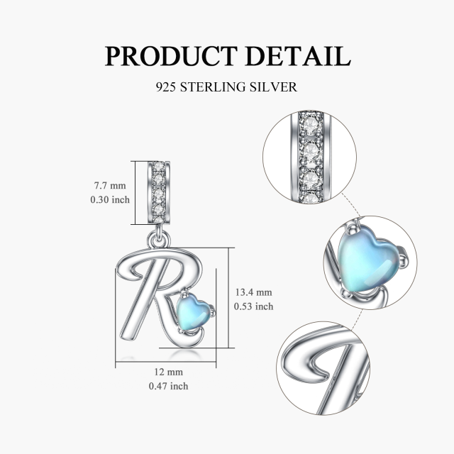 Sterling Silver Cubic Zirconia & Moonstone Personalized Initial Letter Dangle Charm with Initial Letter R-6