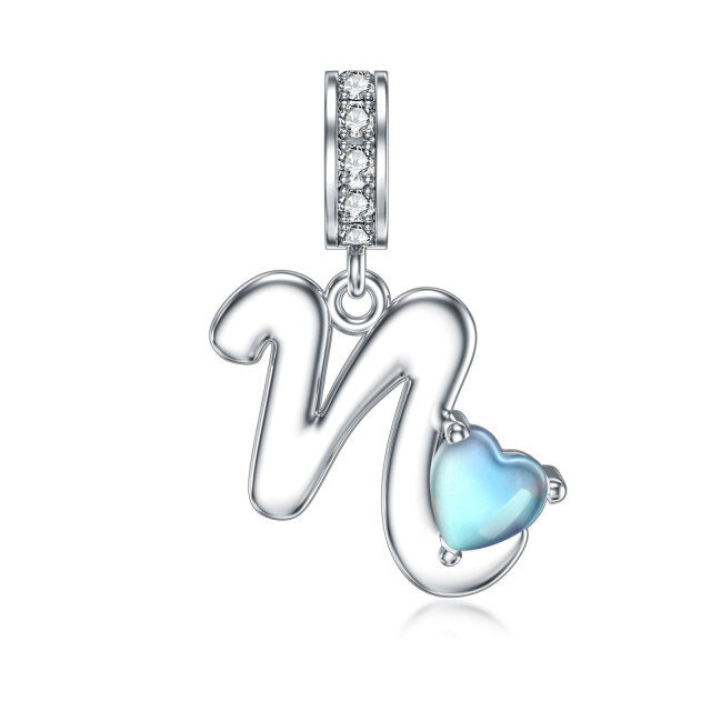 Sterling Silver Cubic Zirconia & Moonstone Personalized Initial Letter Dangle Charm with Initial Letter N-1