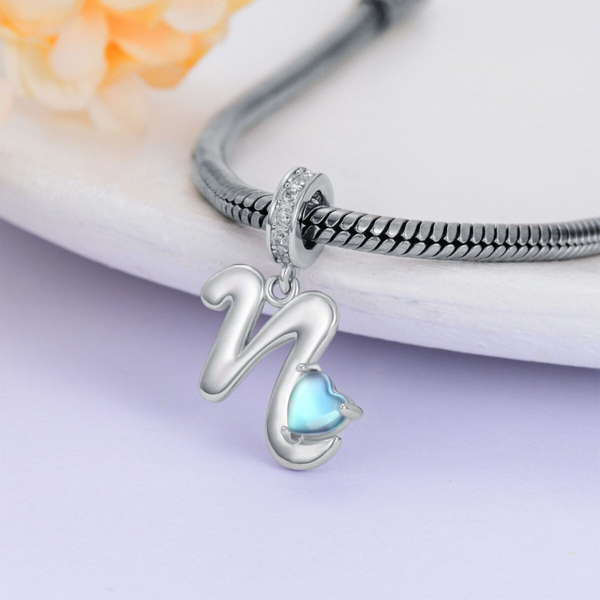 Sterling Silver Cubic Zirconia & Moonstone Personalized Initial Letter Dangle Charm with Initial Letter N-3