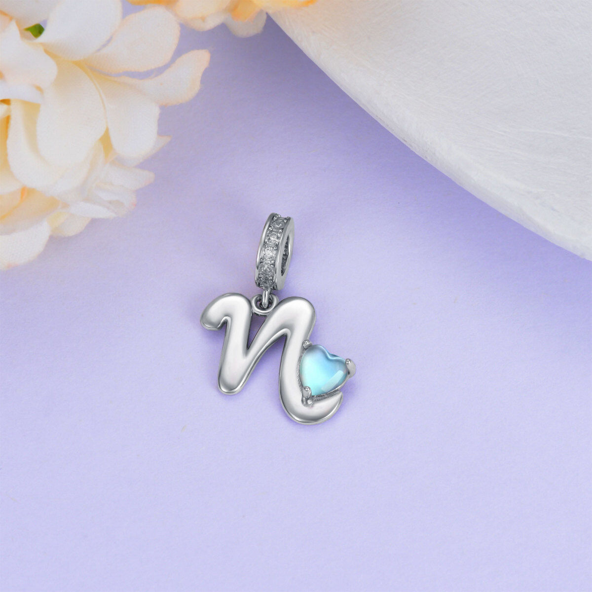 Sterling Silver Cubic Zirconia & Moonstone Personalized Initial Letter Dangle Charm with Initial Letter N-4