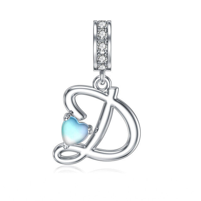 Sterling Silver Cubic Zirconia & Moonstone Personalized Initial Letter Dangle Charm with Initial Letter D-1