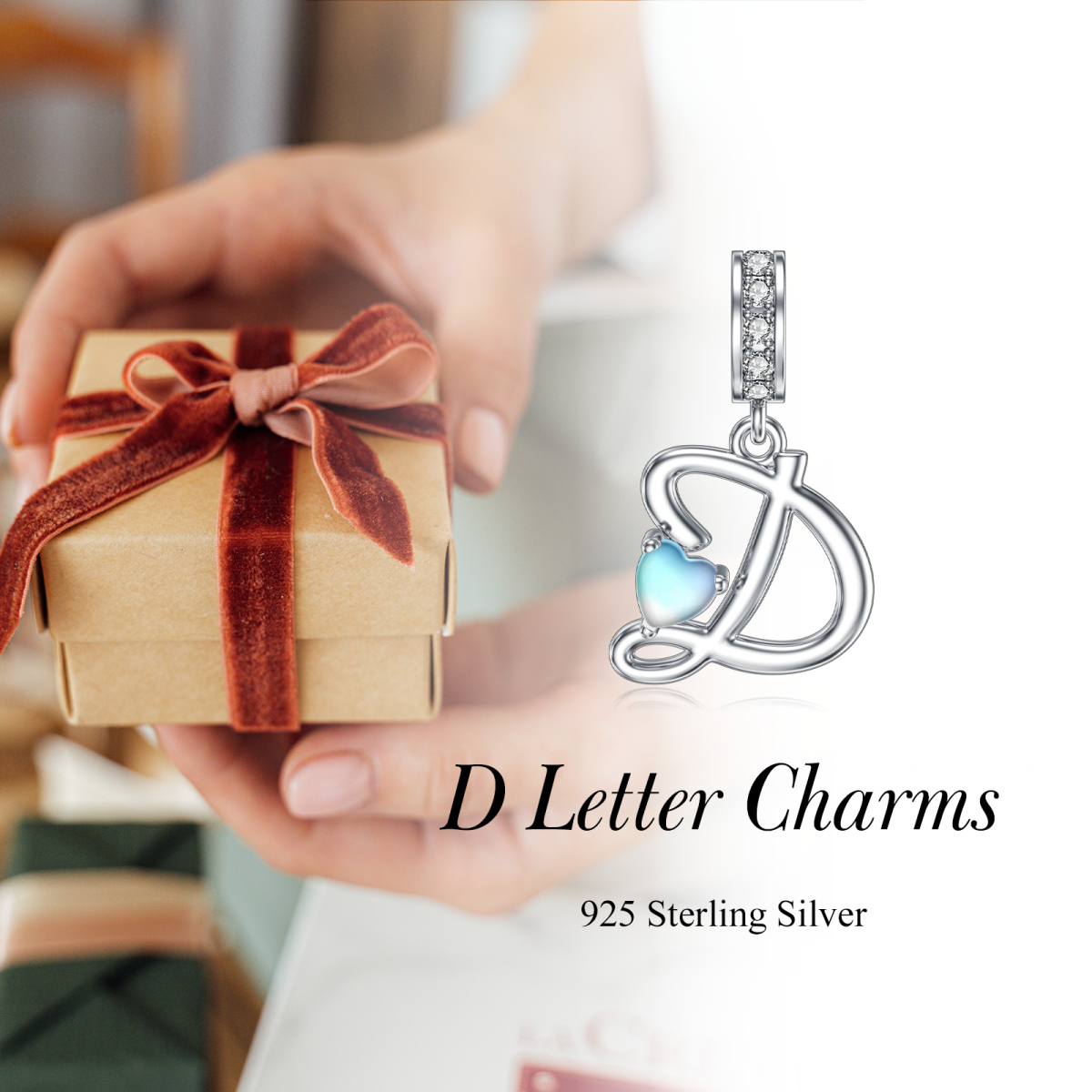 Sterling Silver Cubic Zirconia & Moonstone Personalized Initial Letter Dangle Charm with Initial Letter D-5