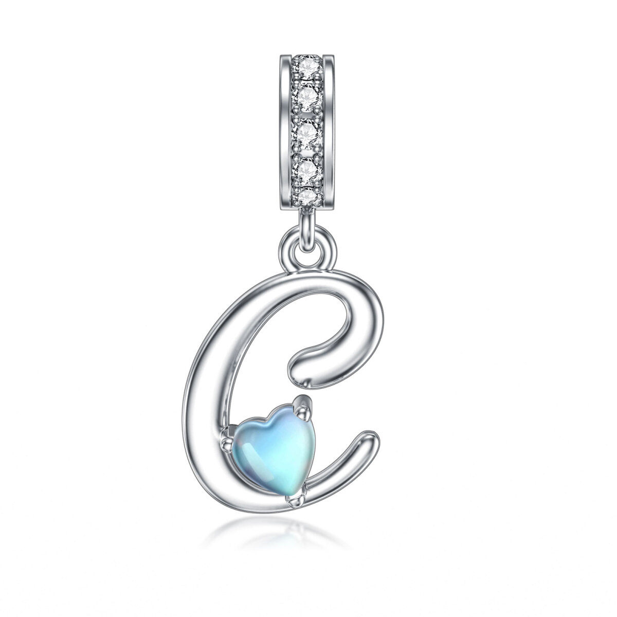 Sterling Silver Cubic Zirconia & Moonstone Personalized Initial Letter Dangle Charm with Initial Letter C-1