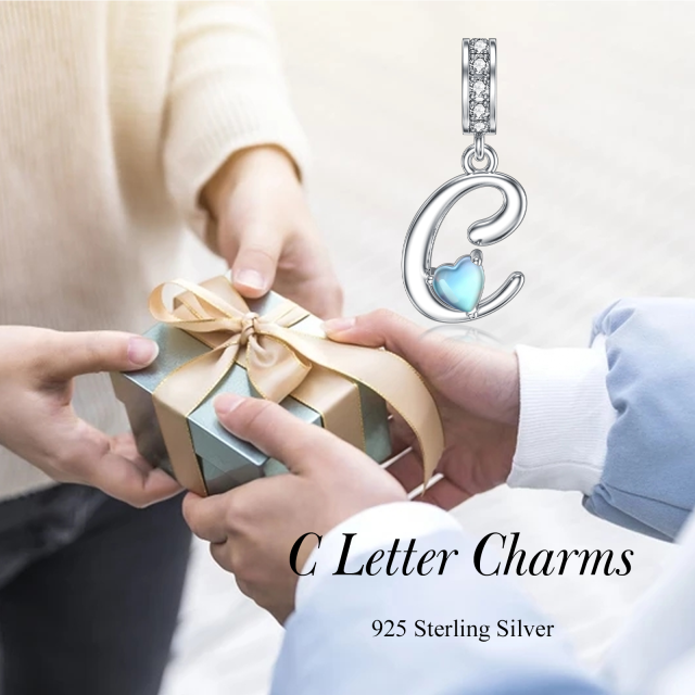 Sterling Silber Zirkonia Mondstein Personalisierter Anfangsbuchstabe Charm Anhänger mit Anfangsbuchstabe C-5