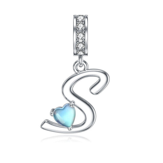 Sterling Silver Cubic Zirconia & Moonstone Personalized Initial Letter Dangle Charm with Initial Letter S-1