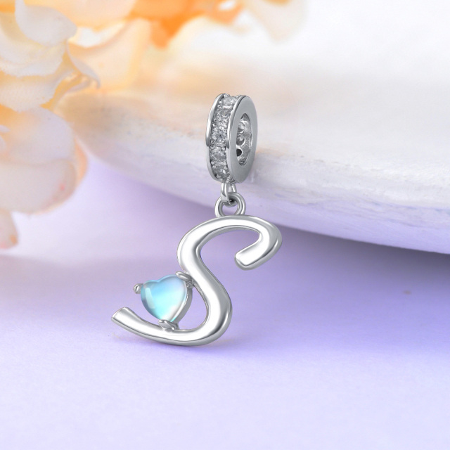 Sterling Silver Cubic Zirconia & Moonstone Personalized Initial Letter Dangle Charm with Initial Letter S-3