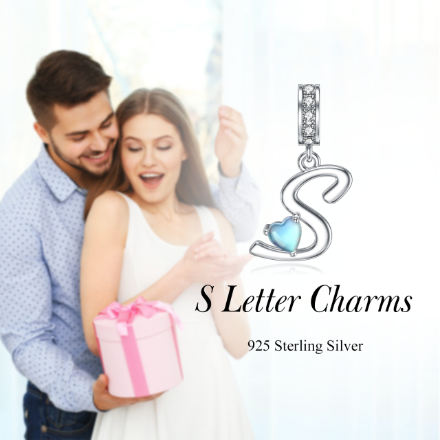 Sterling Silver Cubic Zirconia & Moonstone Personalized Initial Letter Dangle Charm with Initial Letter S-5