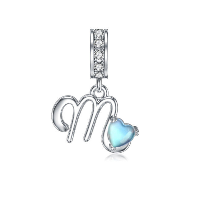 Sterling Silver Cubic Zirconia & Moonstone Personalized Initial Letter Dangle Charm with Initial Letter M-1