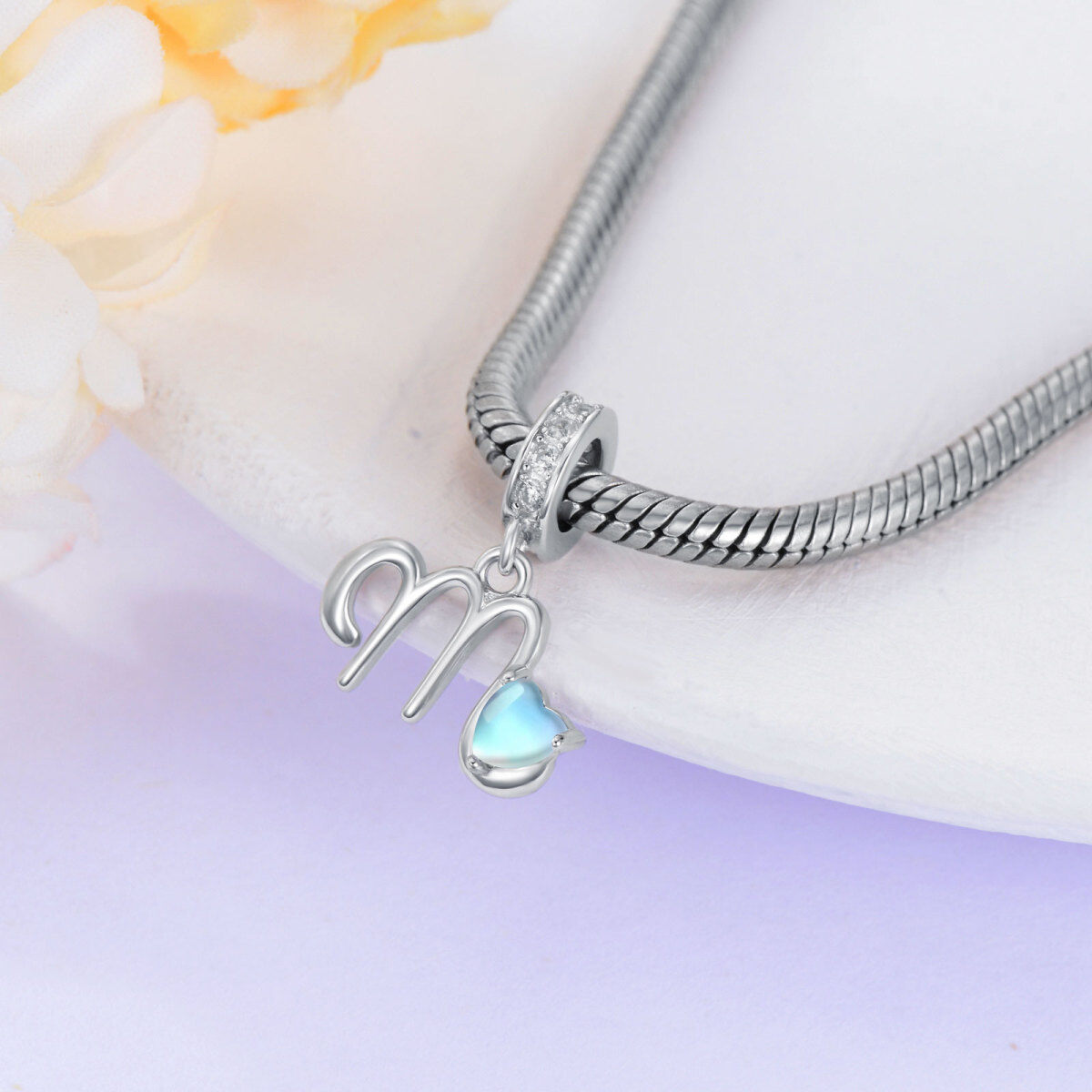 Sterling Silver Cubic Zirconia & Moonstone Personalized Initial Letter Dangle Charm with Initial Letter M-3