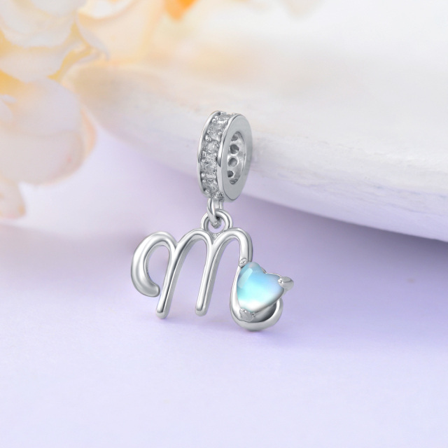 Sterling Silver Cubic Zirconia & Moonstone Personalized Initial Letter Dangle Charm with Initial Letter M-4