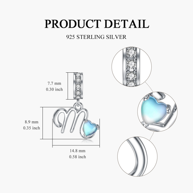 Sterling zilveren zirkonia maansteen gepersonaliseerde beginletter bungelbedel met beginletter M-5