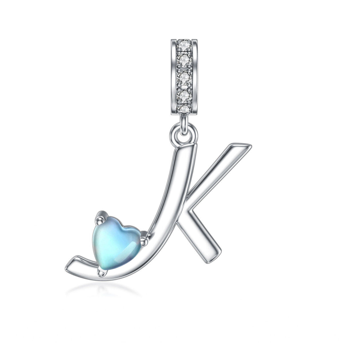 Sterling Silver Cubic Zirconia & Moonstone Personalized Initial Letter Dangle Charm with Initial Letter K-1