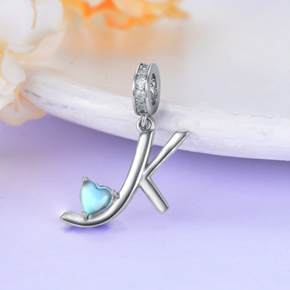 Sterling Silver Cubic Zirconia & Moonstone Personalized Initial Letter Dangle Charm with Initial Letter K-3