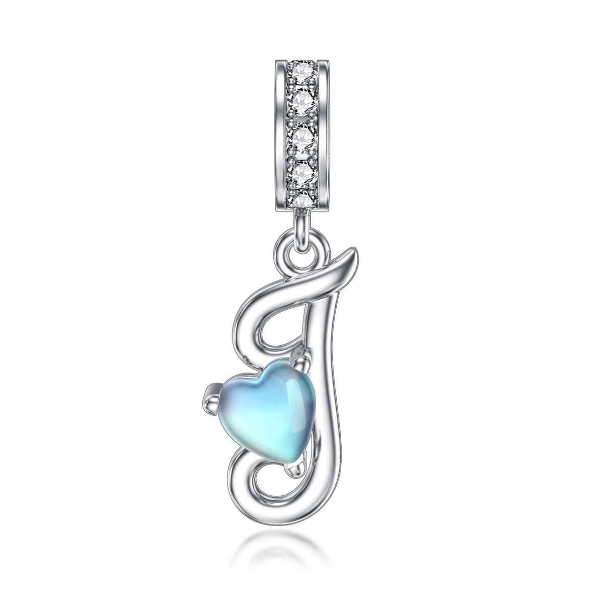 Sterling Silver Cubic Zirconia & Moonstone Personalized Initial Letter Dangle Charm with Initial Letter J-1