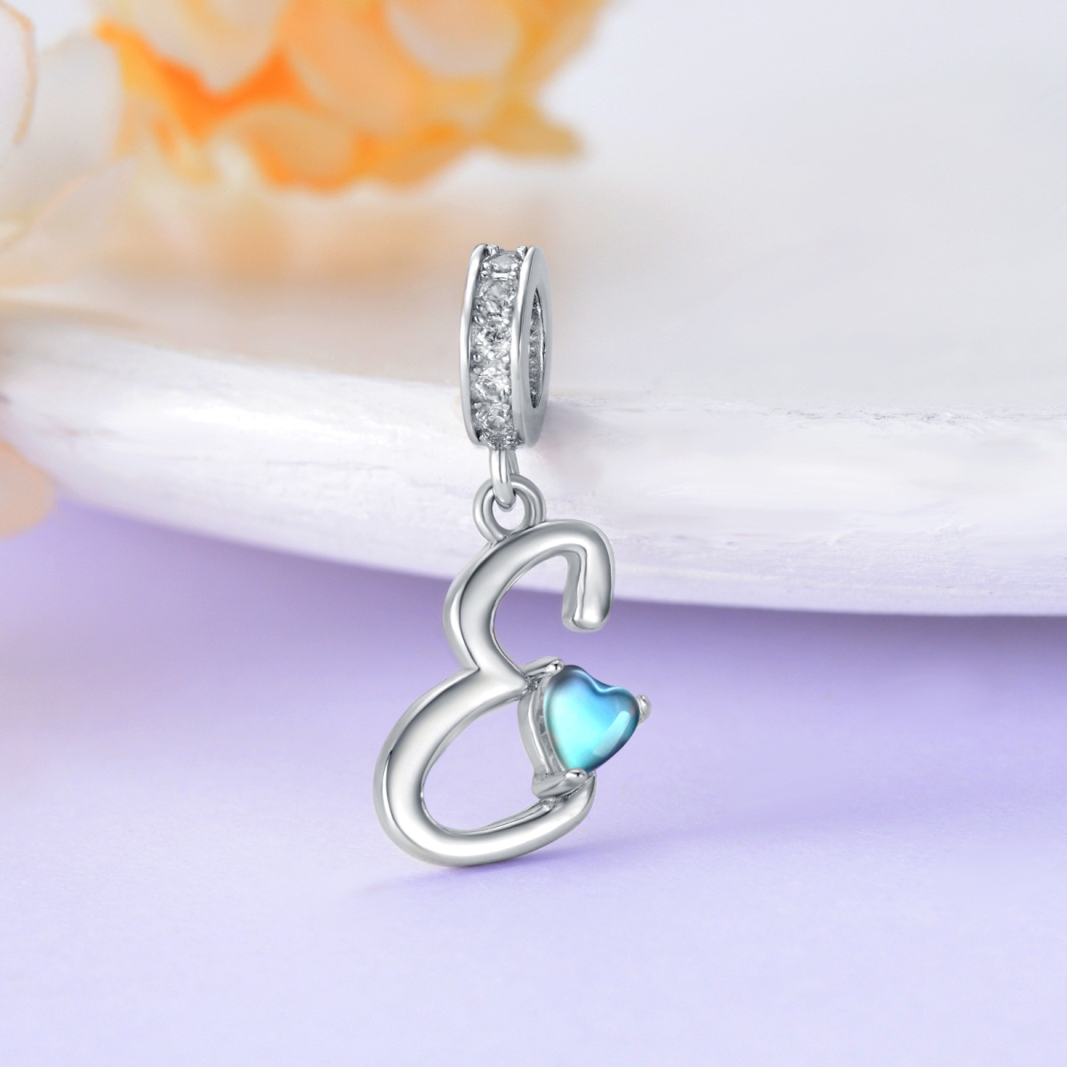 Sterling Silver Cubic Zirconia & Moonstone Personalized Initial Letter Dangle Charm with Initial Letter E-3