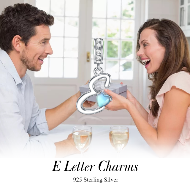 Sterling zilveren Cubic Zirconia Maansteen gepersonaliseerde eerste letter Dangle Charm met eerste letter E-5