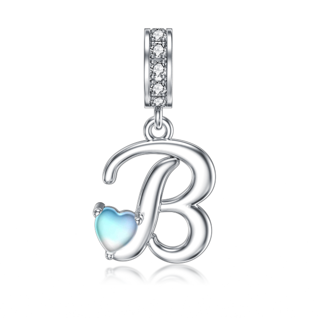 Sterling Silver Cubic Zirconia & Moonstone Personalized Initial Letter Dangle Charm with Initial Letter B-1