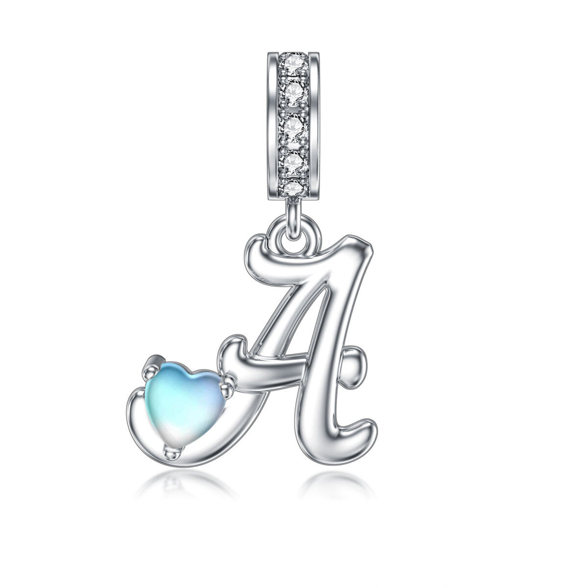 Sterling Silver Cubic Zirconia & Moonstone Personalized Initial Letter Dangle Charm with Initial Letter A-1