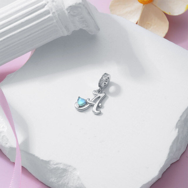 Sterling Silver Cubic Zirconia & Moonstone Personalized Initial Letter Dangle Charm with Initial Letter A-4